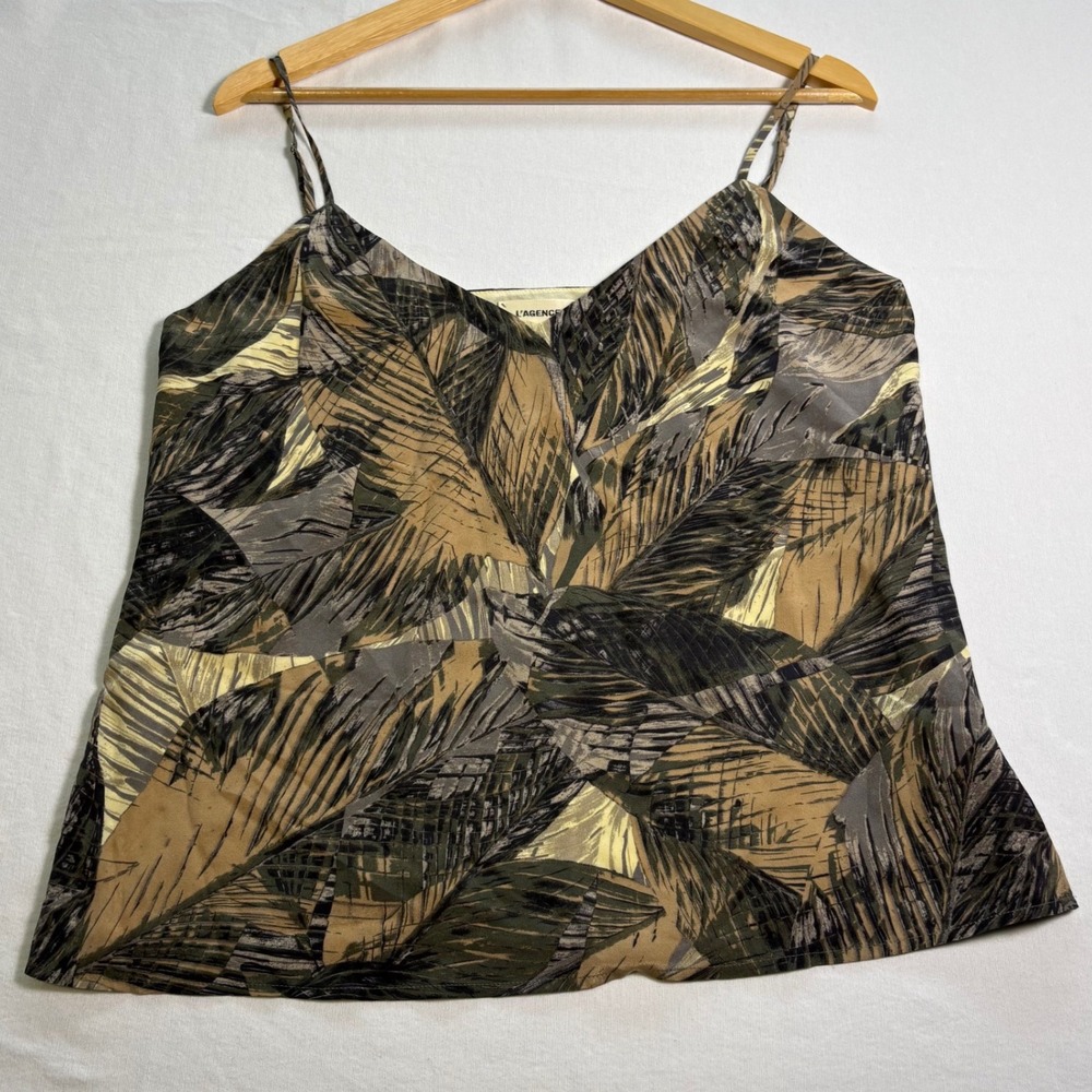 L'AGENCE Silk Camisole Top Palm Print Green Brown Size M MSRP$225